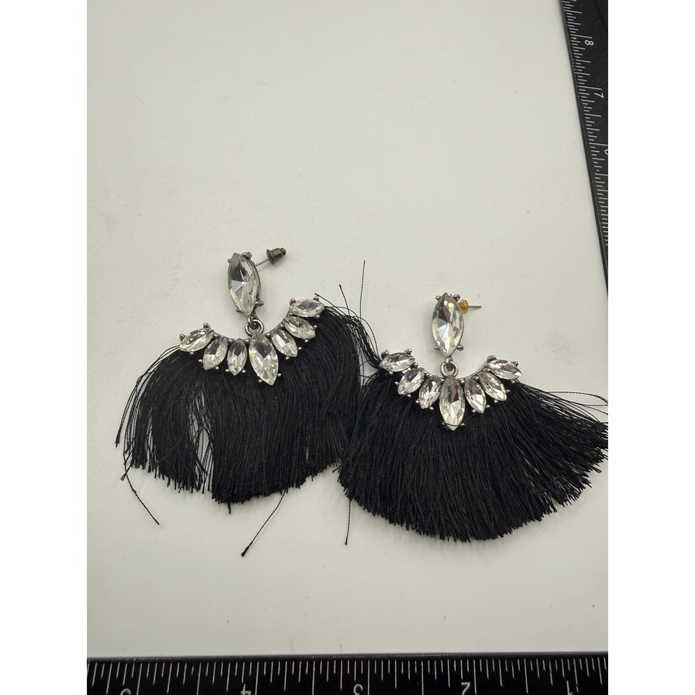 Black Tassel Fan Statement Earrings Silver‎ Tone Clear Rhinestone Drop Fringe